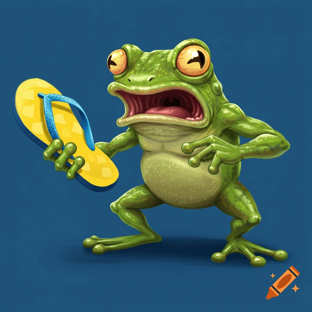 A cartoon frog with an angry expression holds up a yellow flip flop.