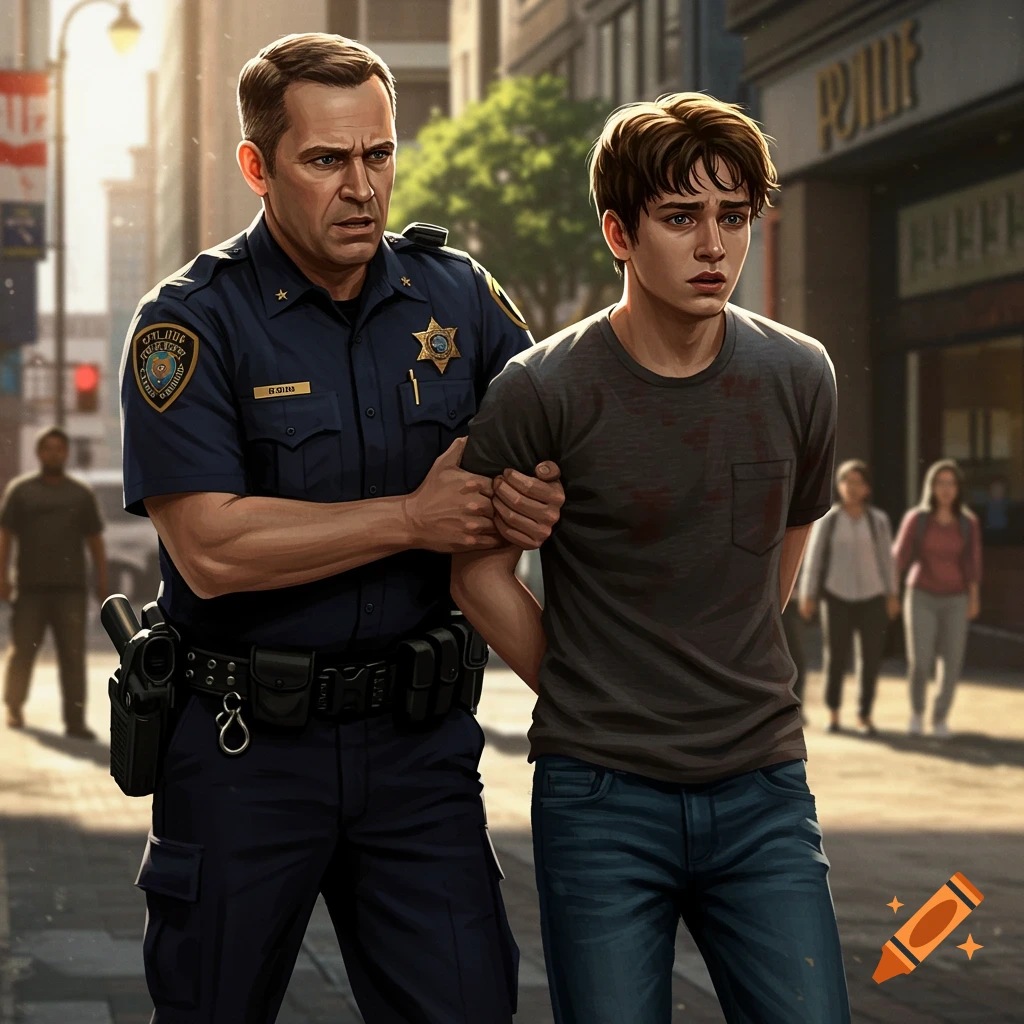 A police officer arrests a young person on a city street.