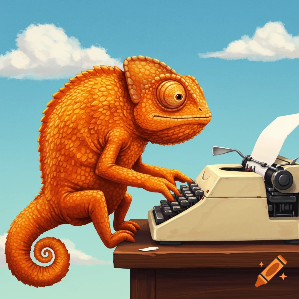 An orange chameleon typing on a vintage typewriter under a blue sky