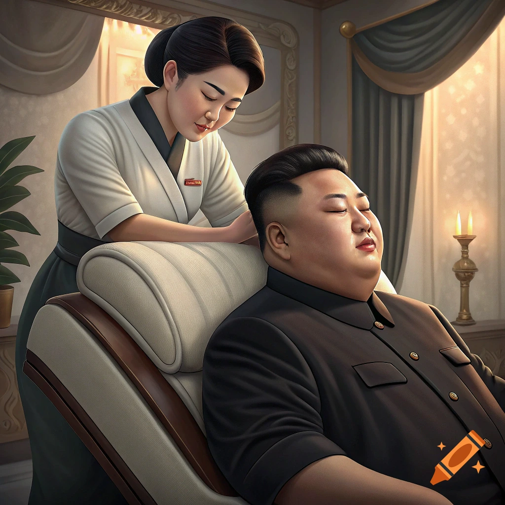 Kim Jong Un receives a back massage from a woman in a formal setting.