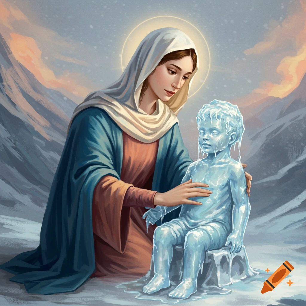 Mother Mary kneels beside a melting ice child in a snowy mountain setting.