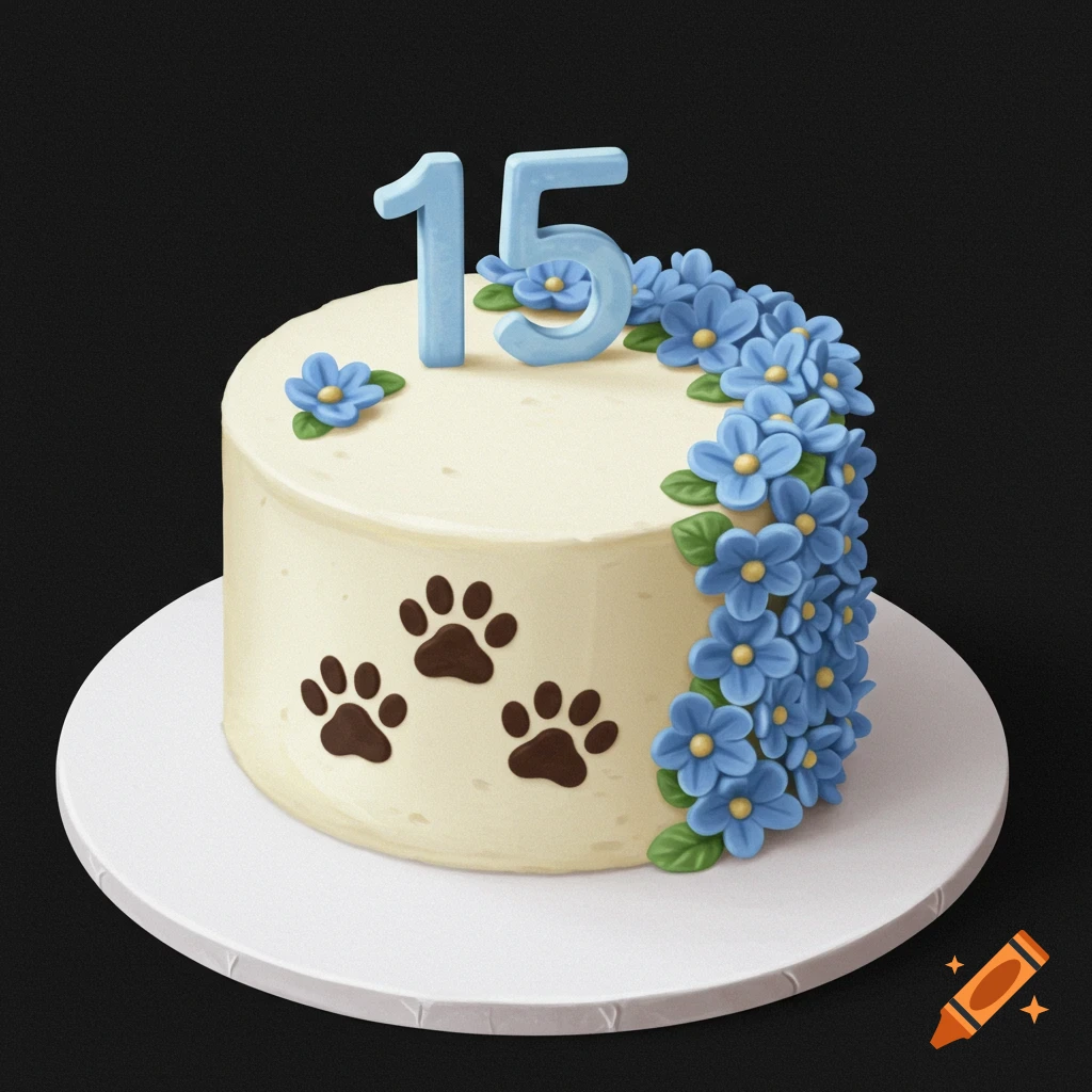 Circle cake with blue flowers, number 15, and paw prints decoration mock-up design idea for party cake decorations DIY bake off ideas inspiration trends birthday cake decoration ideas bakeries baking food cakes fondant frosting buttercream icing fillings toppings cakes occasion seasonal flavors techniques recipes decorating tips presentation serving storage cake decorating for beginners intermediate advanced cake art edible art cake design