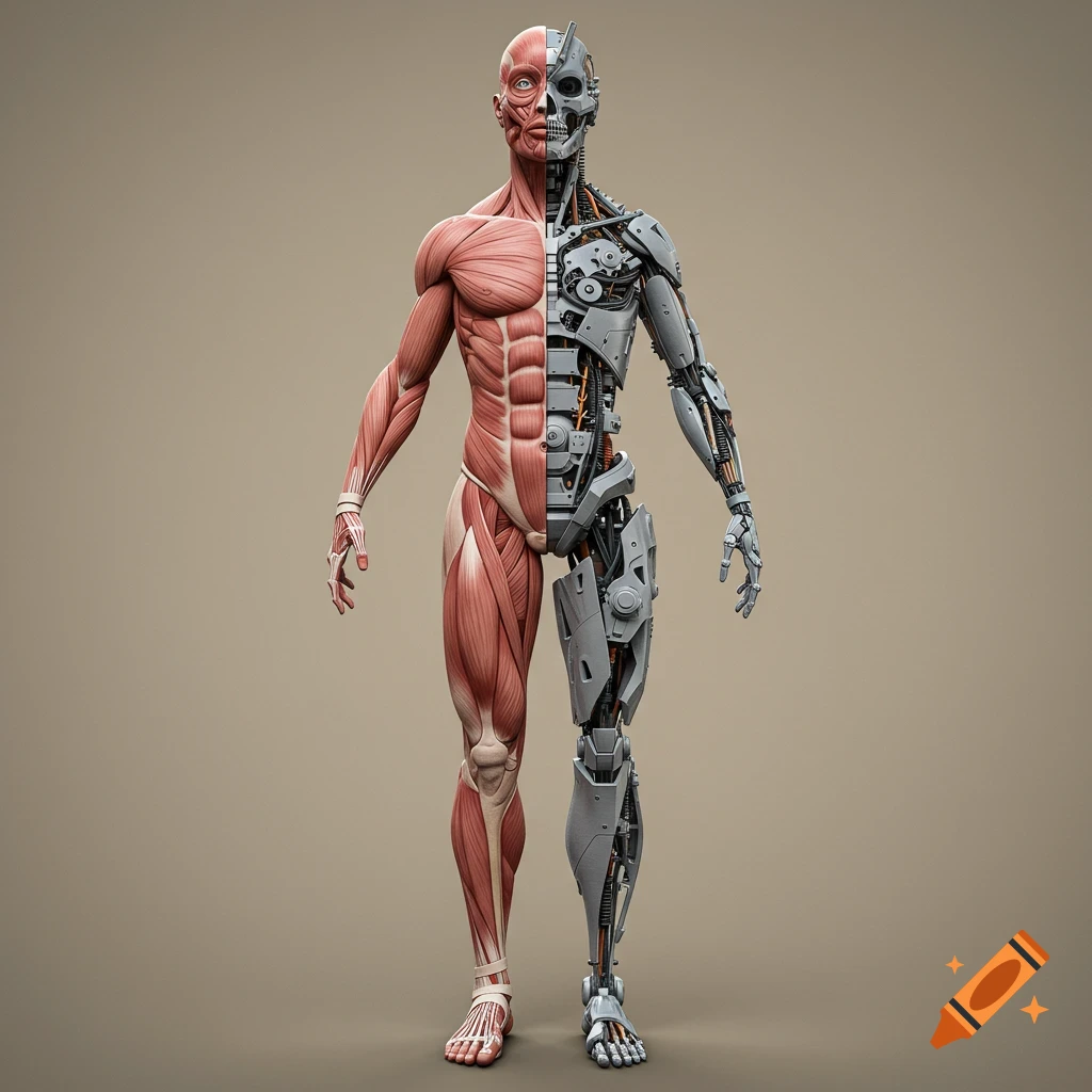 Half human anatomy, half robot figure in anatomical position, 3D render.