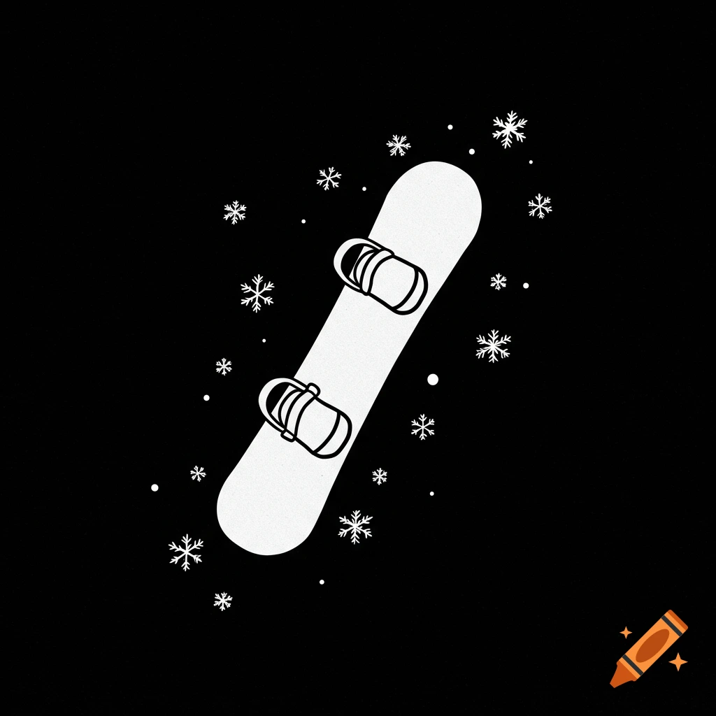 Black and white illustration of a snowboard and snowflakes on a black background.