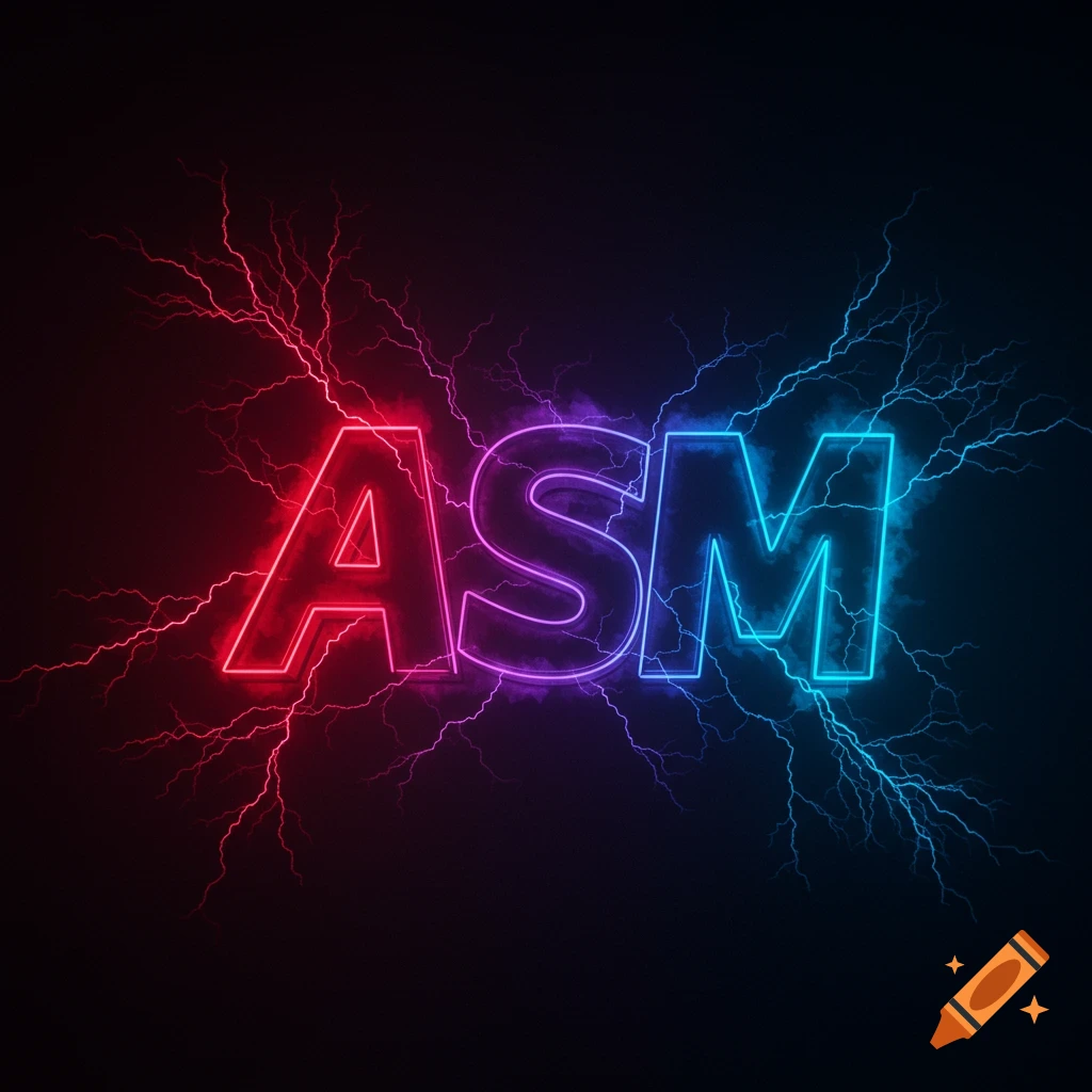 Neon logo of the letters ASM with red, purple, and blue lightning on a dark background.