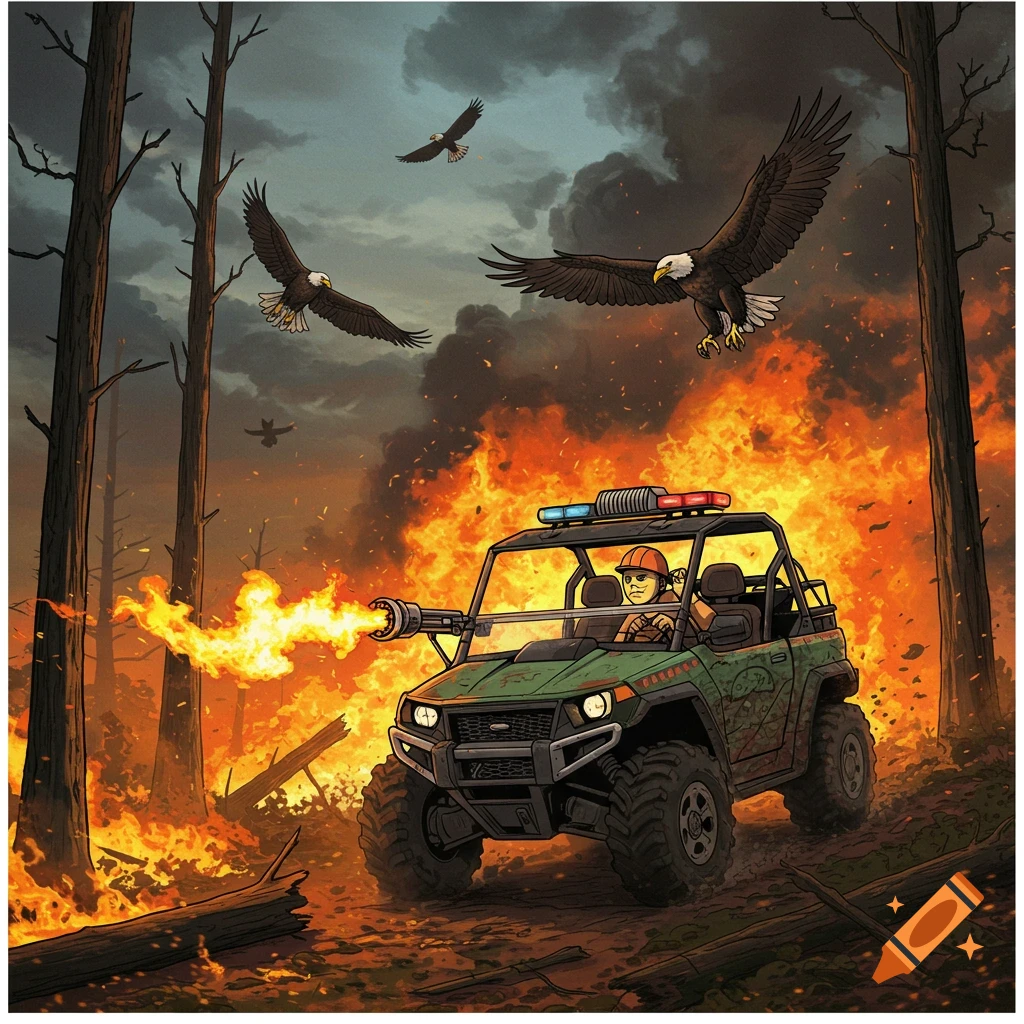 Cartoon illustration of a forester using a flamethrower-equipped ATV to fight a forest fire while eagles fly overhead.