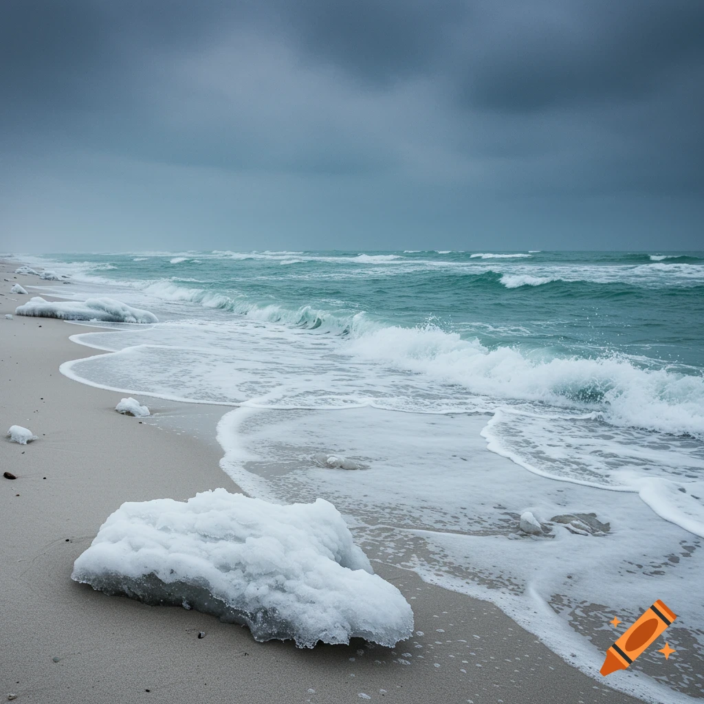 Waves wash onto a beach with ice formations along the shore under a dark, cloudy sky.