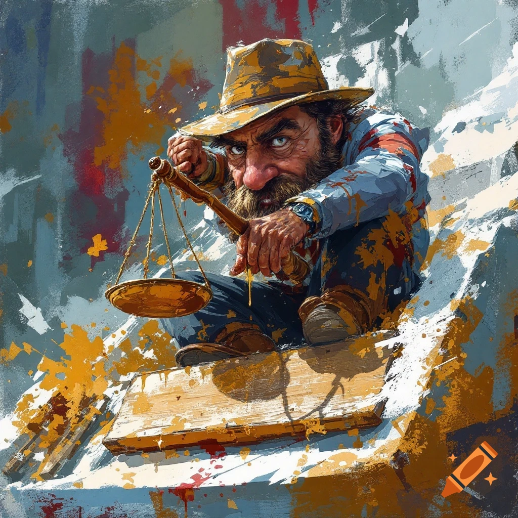 Painterly illustration of a squatting man with a beard and hat holding a set of balance scales