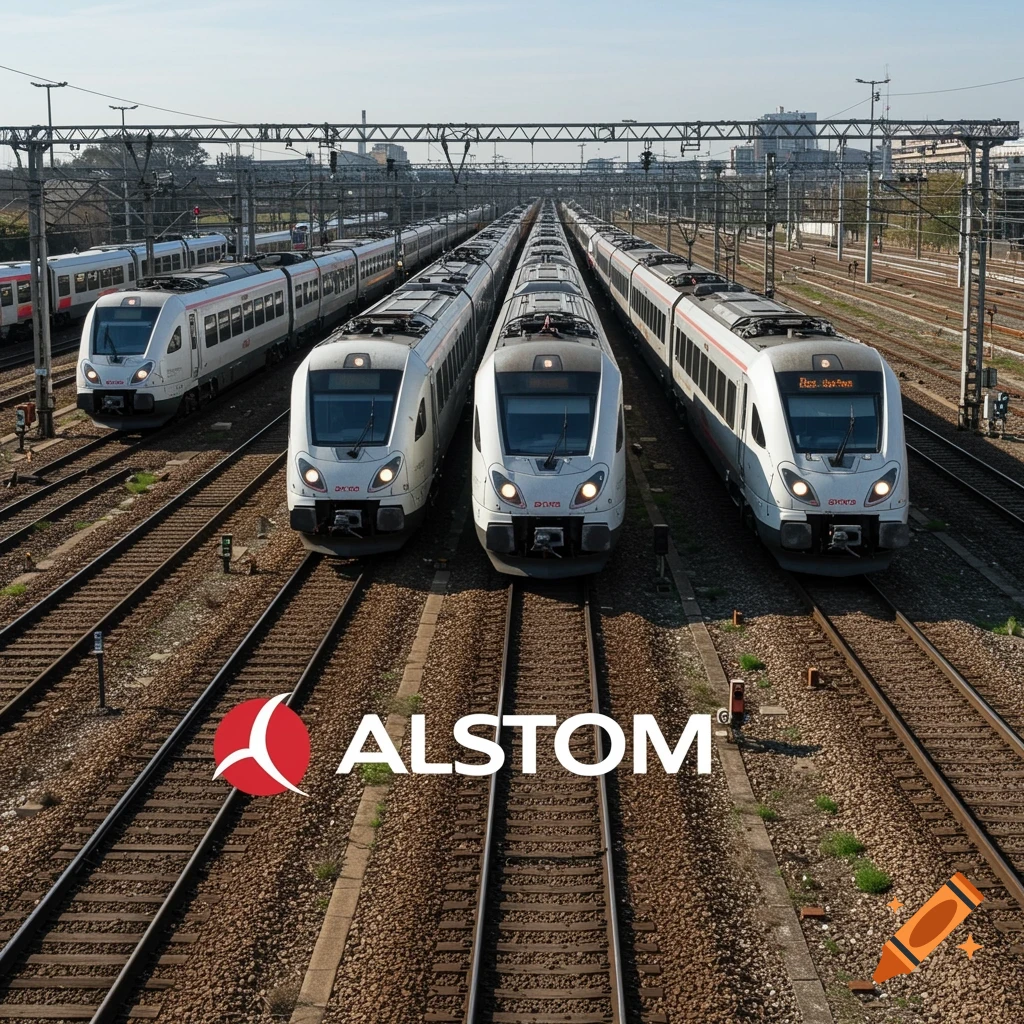 Alstom logo in foreground with white trains parked on tracks in a train yard.
