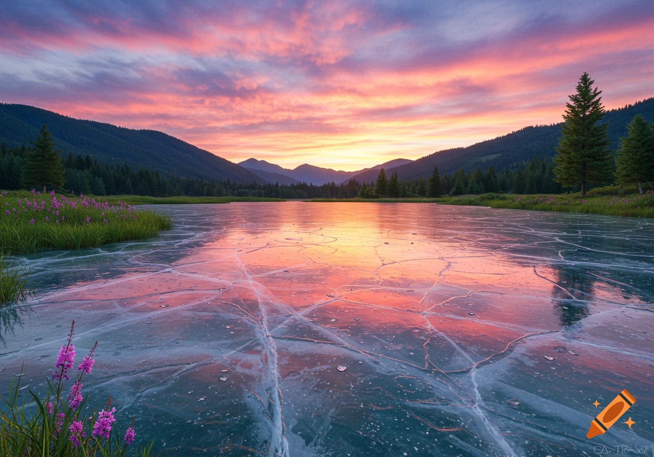 Frozen lake in summer