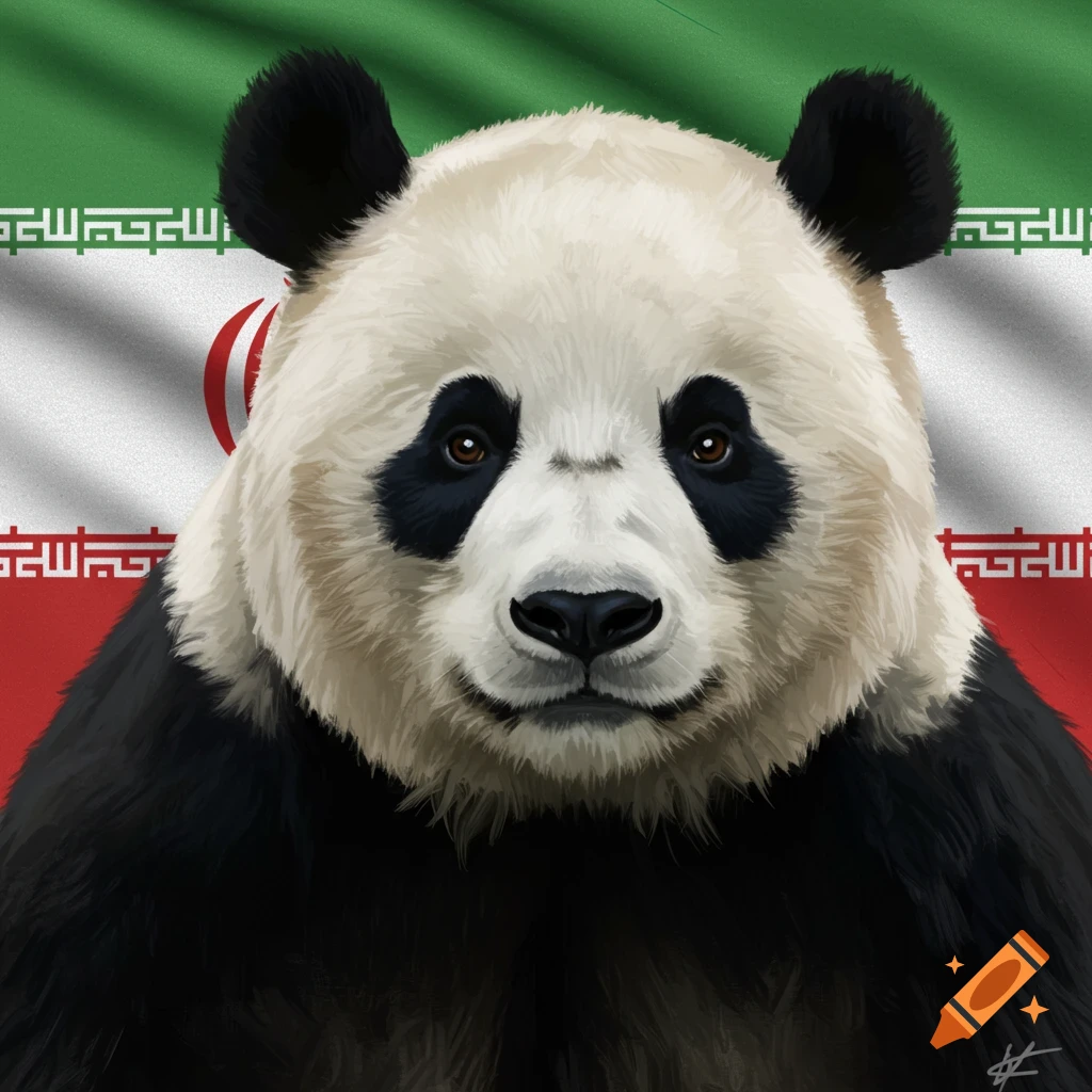 Close up of a panda bear in front of the flag of Iran