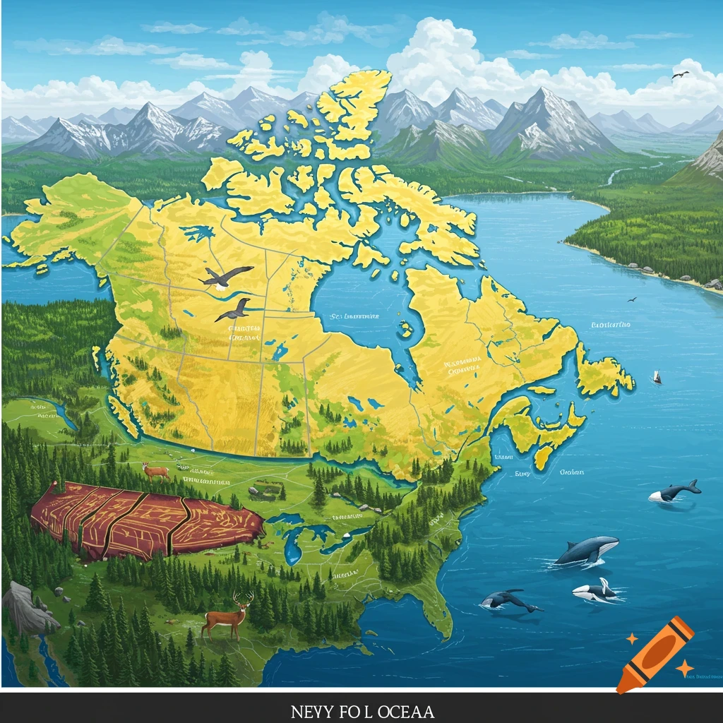 Stylized map of Canada with forests, mountains, lakes, and marine animals like whales.
