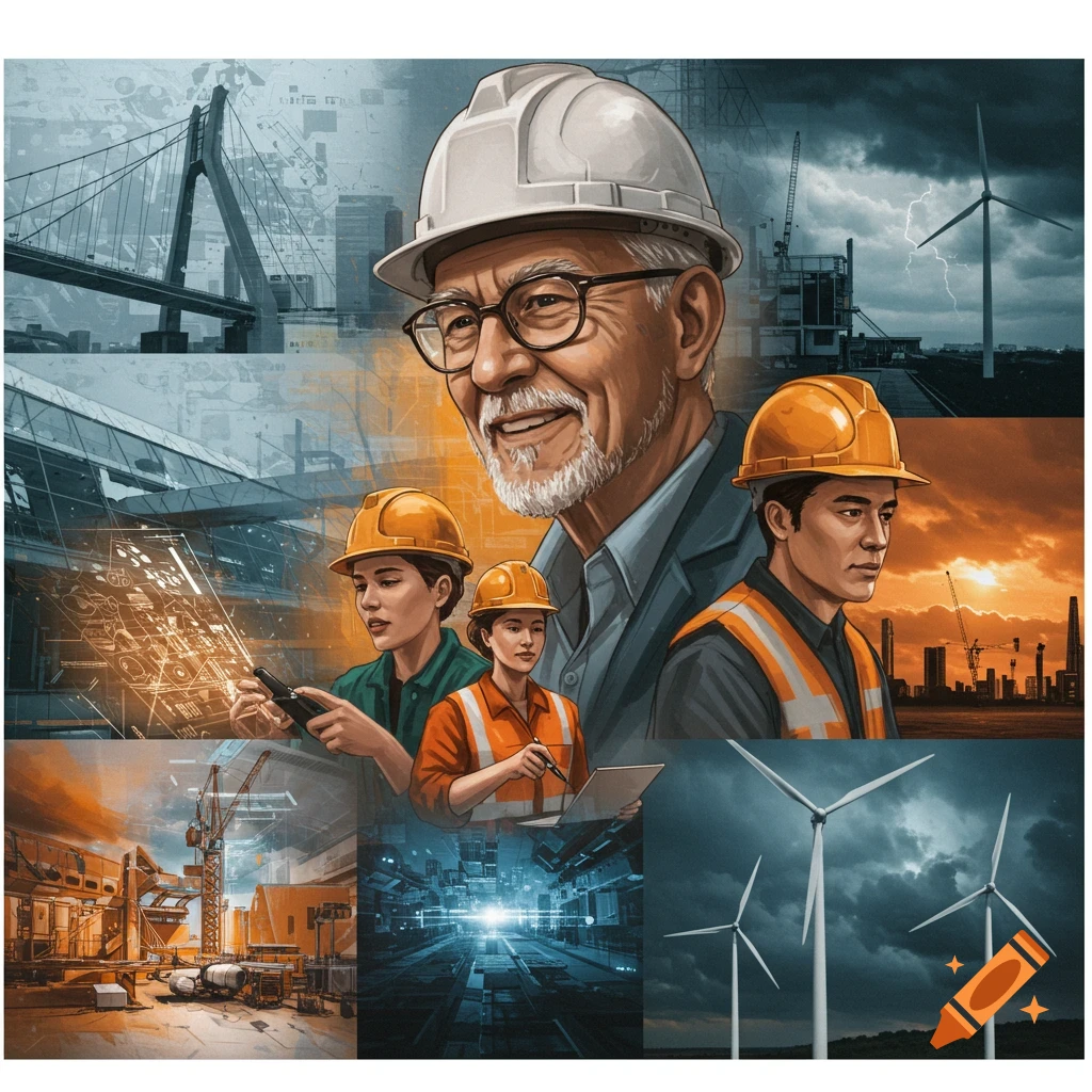 Collage shows engineers in hard hats over scenes of a bridge, construction cranes, wind turbines, and technical drawings.