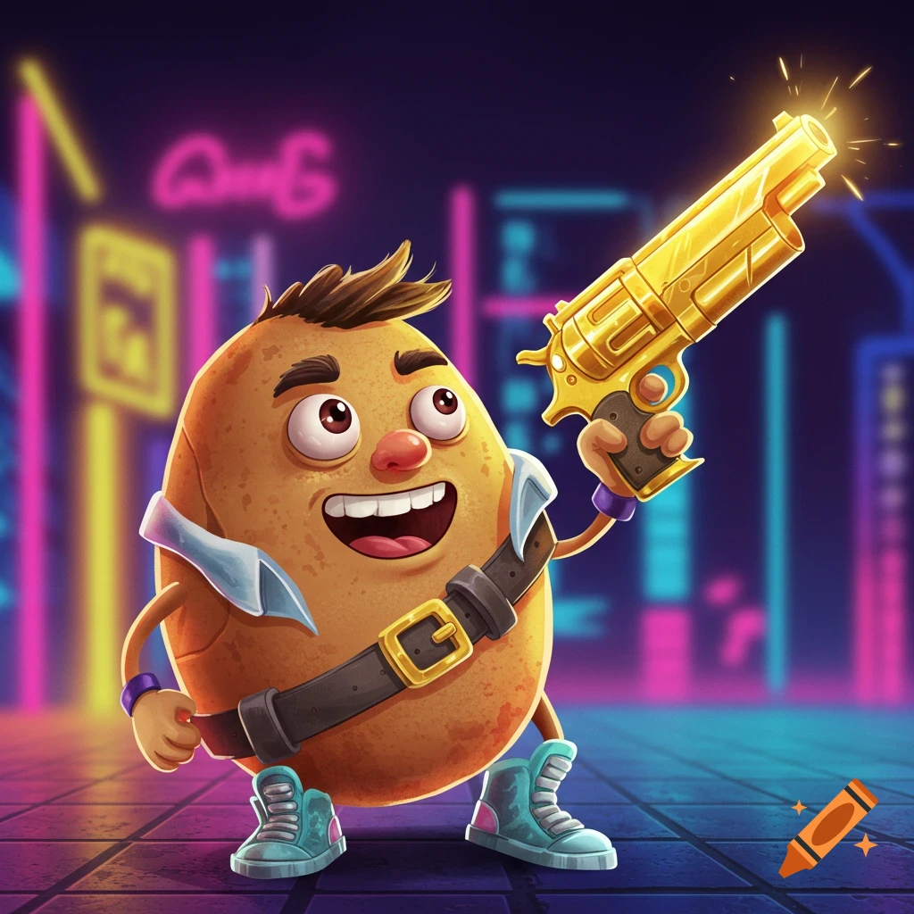 Potato dancing the griddy with a gun
