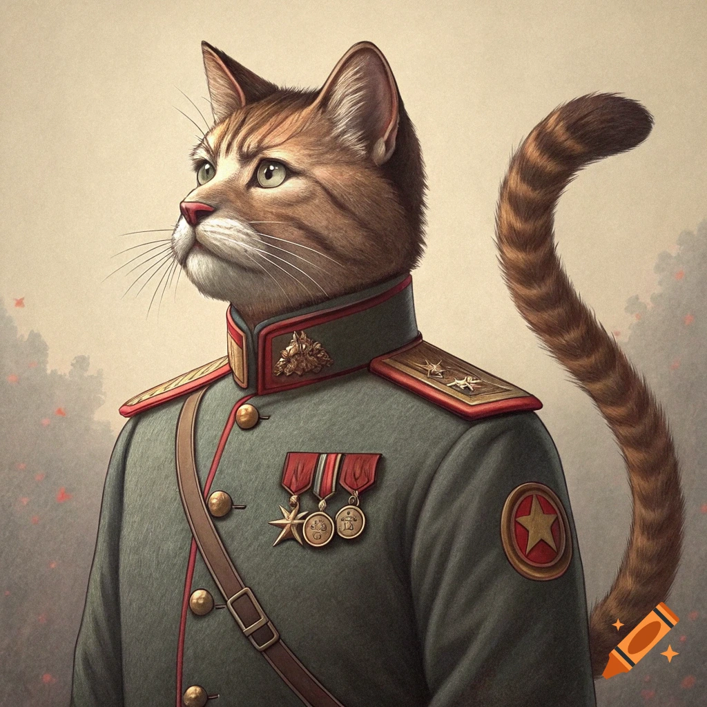 Portrait of a cat wearing a military uniform with medals and epaulets.