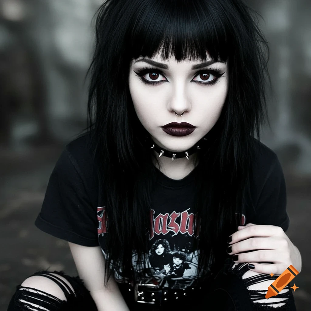 A young person with dark hair and makeup wearing a band t-shirt and ripped jeans, in gothic/emo style.