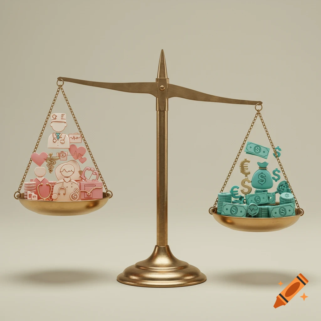 A balance scale weighs pink 3D symbols of healthcare against teal 3D symbols of money.