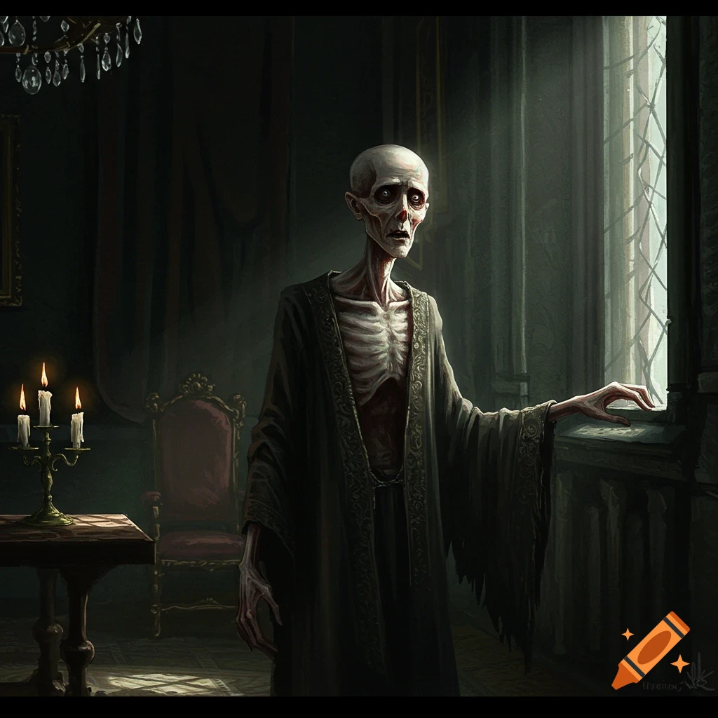 A gaunt, skeletal figure in a dark robe stands by a window in a gothic room with a candelabra.