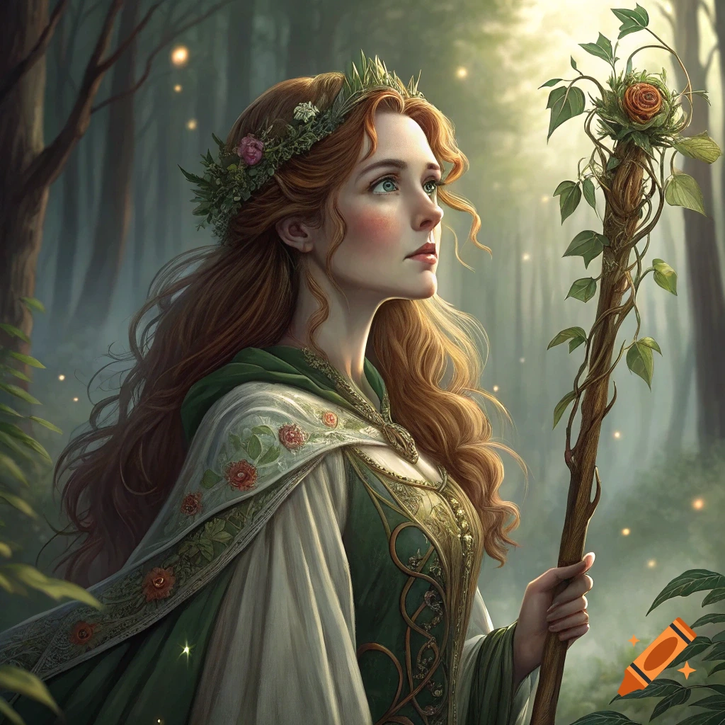 A fantasy woman with long red hair and a flower crown stands in a forest, holding a staff topped with leaves and a rose.
