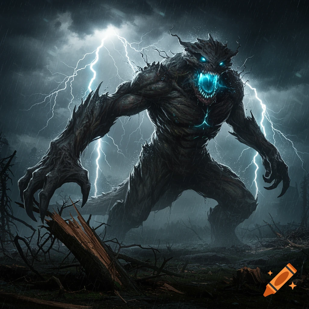 A dark fantasy monster with glowing blue eyes stands in a storm with lightning striking.