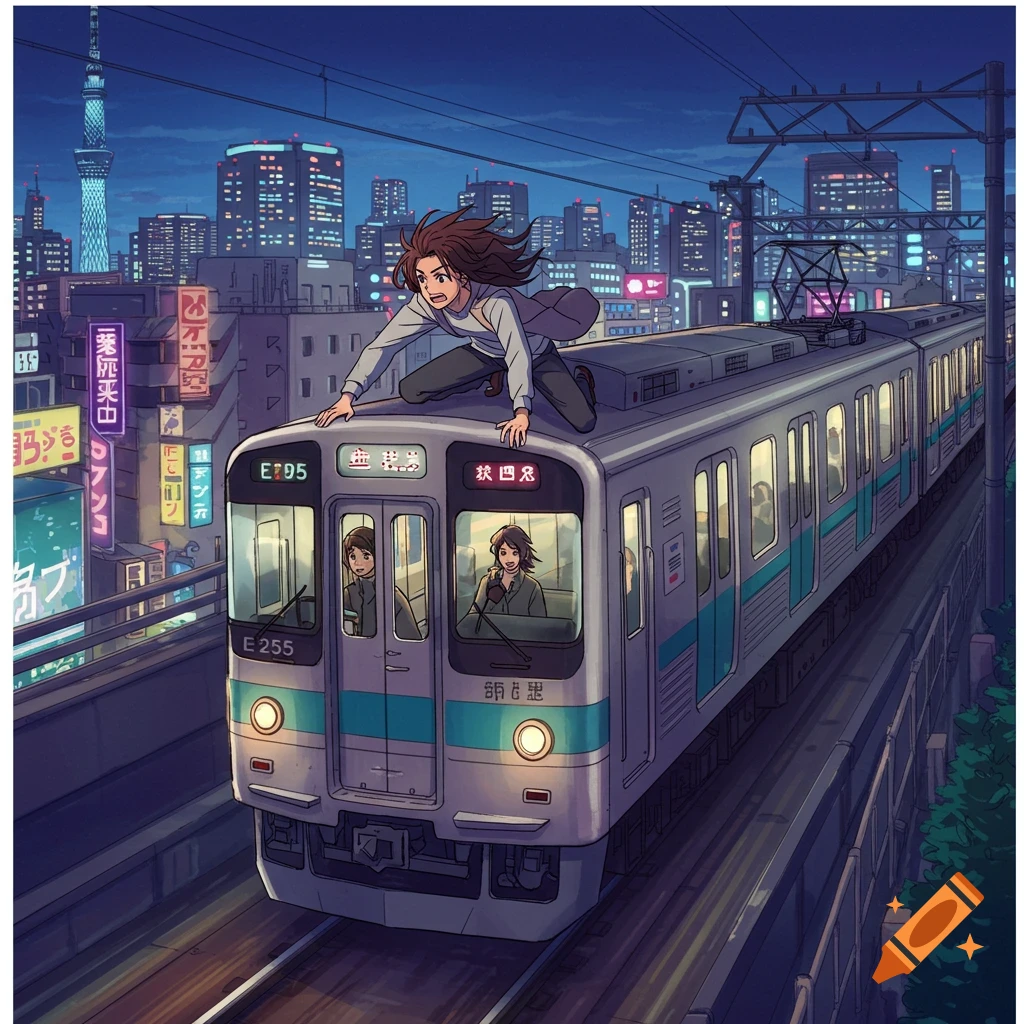 Anime illustration of a person riding atop a train moving through a city at night.