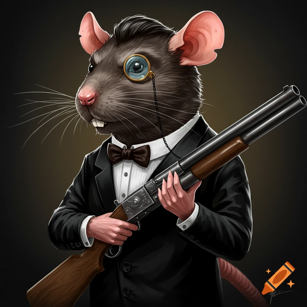 Illustration of an anthropomorphic rat in a suit and monocle holding a shotgun.