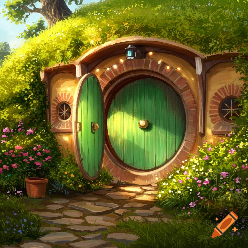 Illustration of a round green hobbit hole door open in a grassy hillside, with flowers and a stone path.