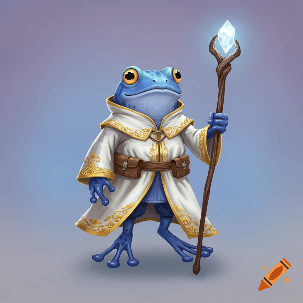 Blue frog wearing white wizard robe holding crystal staff