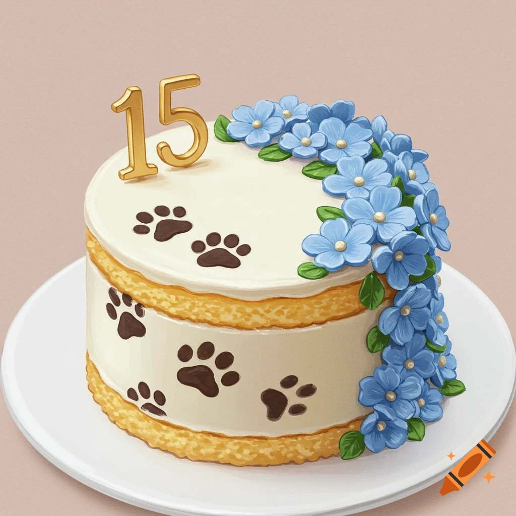 Circle cake with blue flowers, number 15, and paw prints decoration mock-up design idea for party cake decorations DIY bake off ideas inspiration trends birthday cake decoration ideas bakeries baking food cakes fondant frosting buttercream icing fillings toppings cakes occasion seasonal flavors techniques recipes decorating tips presentation serving storage cake decorating for beginners intermediate advanced cake art edible art cake design