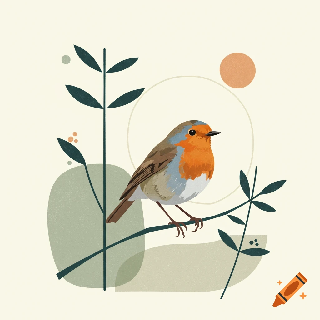 Stylized illustration of a robin on a branch in mid-century style with abstract plants and shapes.