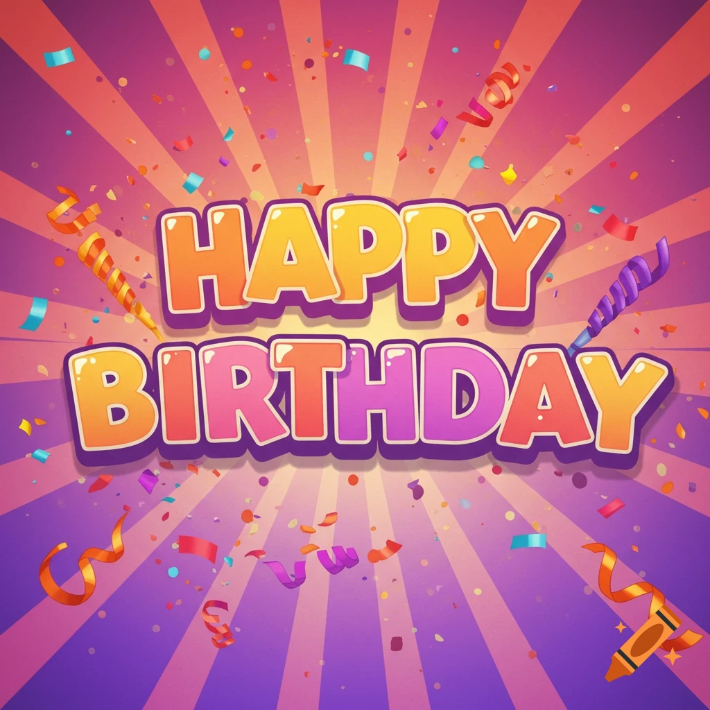 Happy Birthday graphic with confetti and streamers on a radial background.