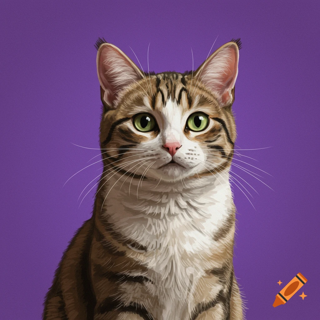 A close-up digital illustration of a tabby cat with green eyes against a purple background.