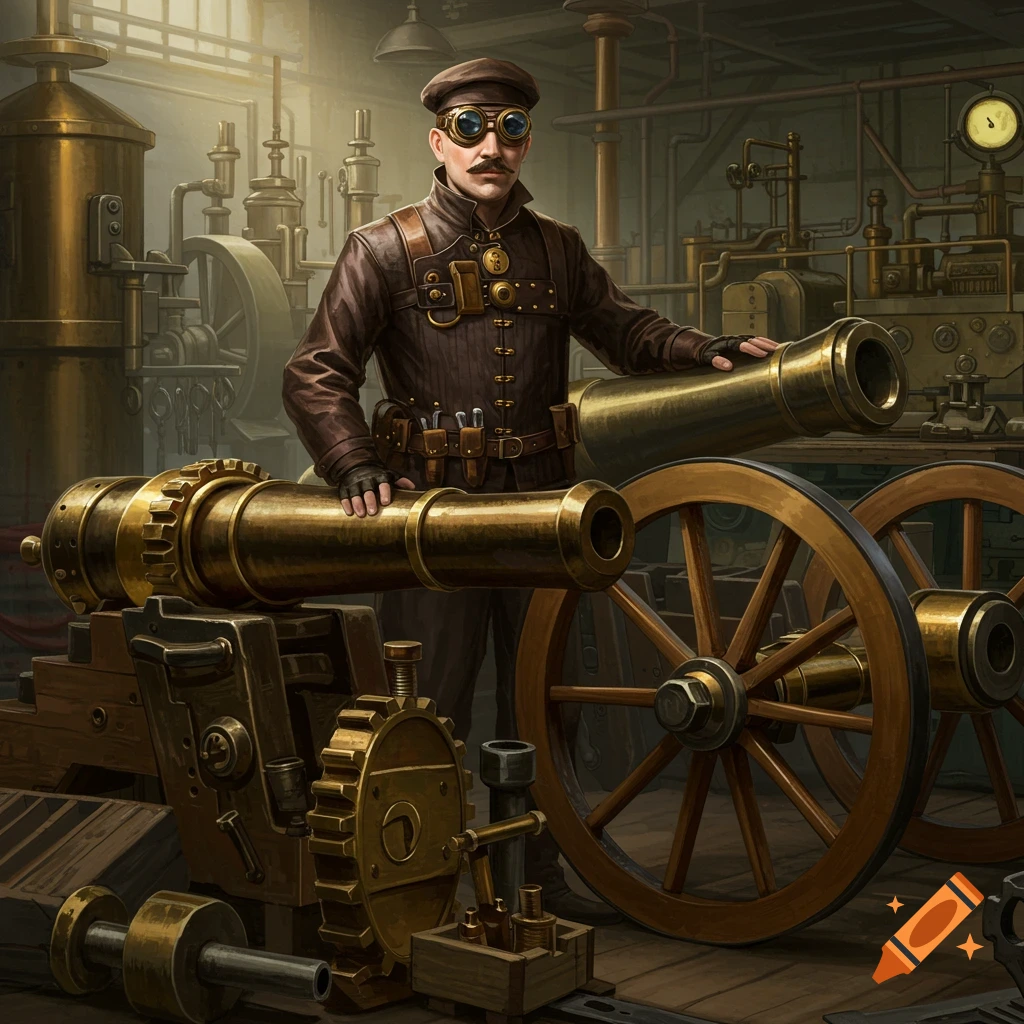 Steampunk man with mustache and goggles in a leather outfit stands among brass cannons and machinery in a workshop