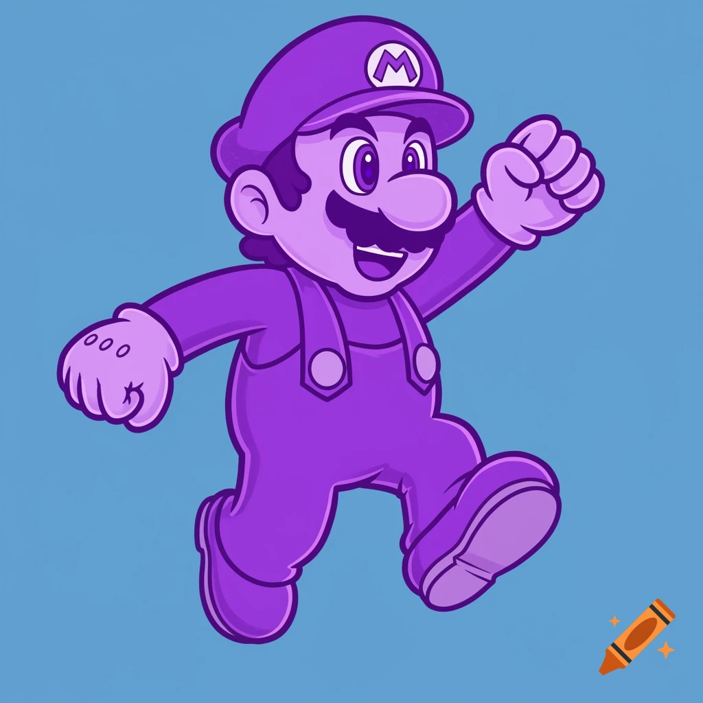 Purple cartoon illustration of Mario jumping
