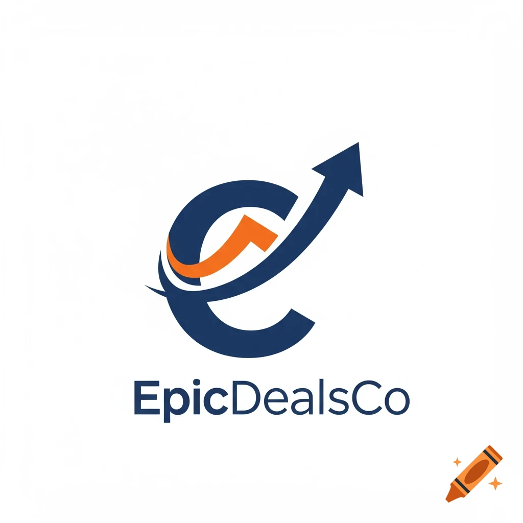 Logo for EpicDealsCo with a stylized blue 'e' and orange arrow