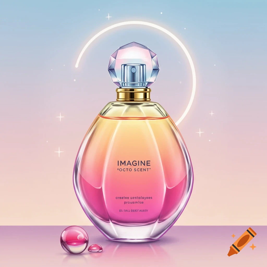 Perfume bottle with a crystal cap and yellow to pink gradient on a surface with droplets and sparkle effects.