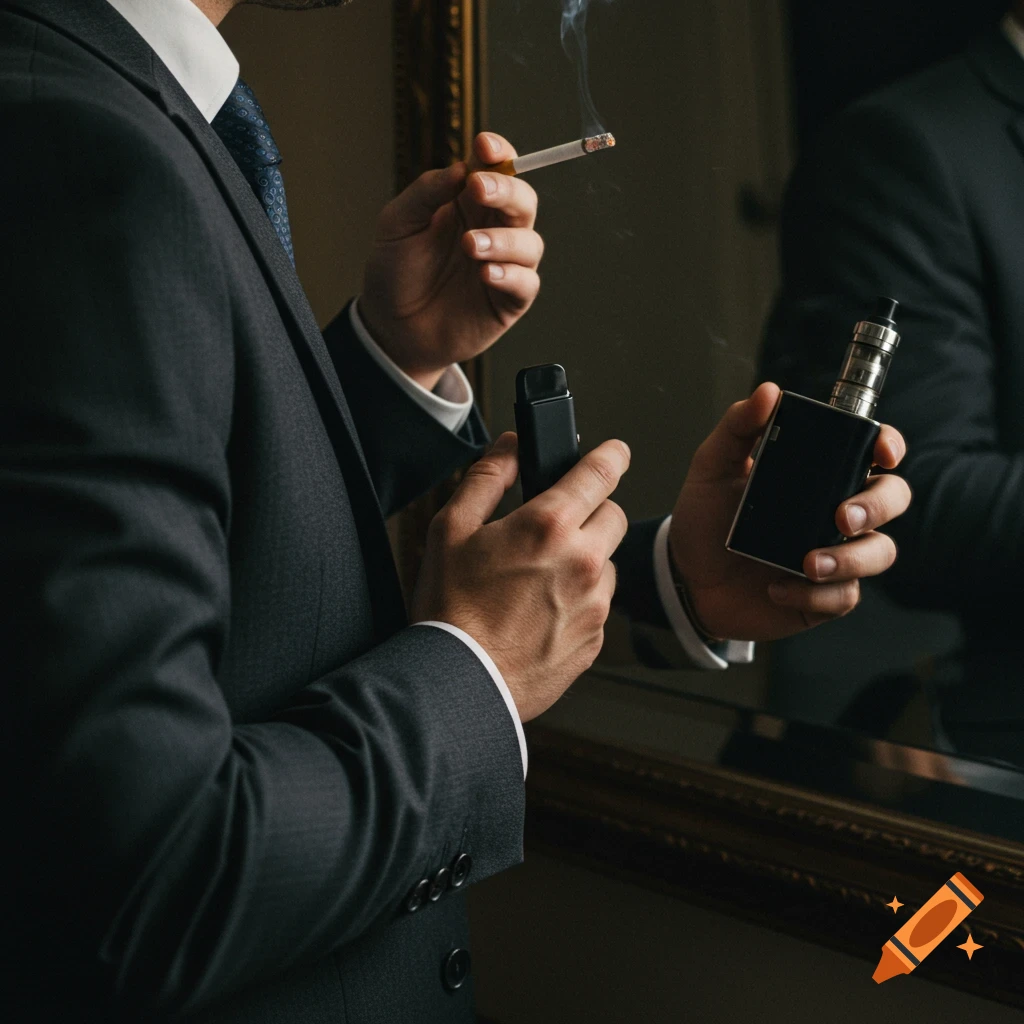 A man in a suit holds a cigarette, while his reflection in a mirror shows him holding a vape.