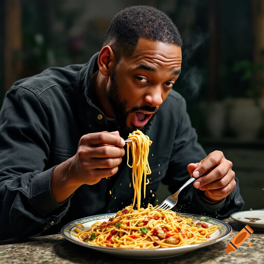 Photorealistic portrait of Will Smith eating spaghetti