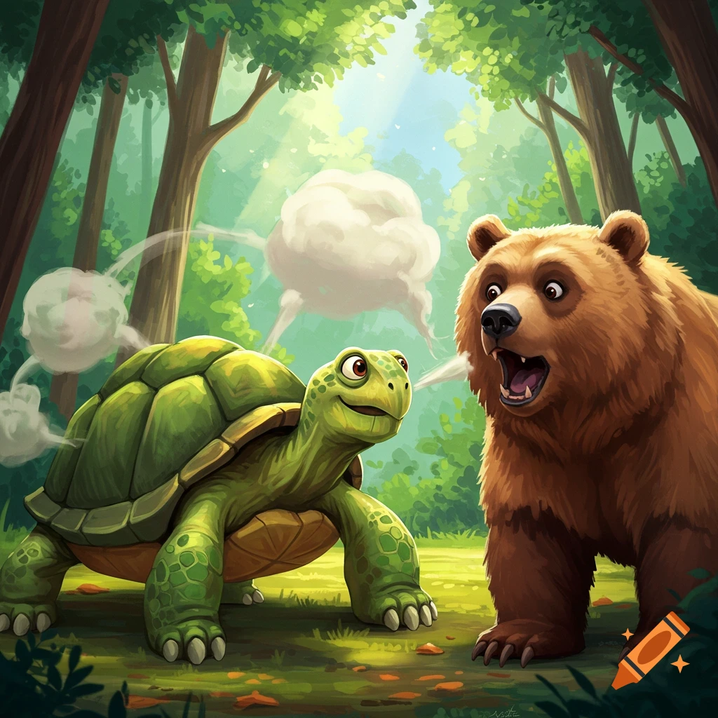 Cartoon illustration of a turtle farting on a surprised bear in a forest.