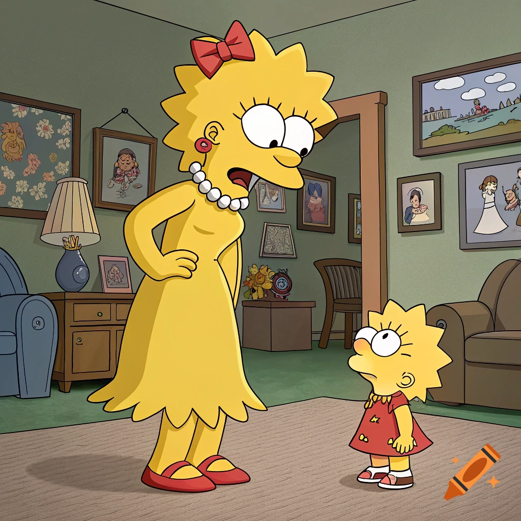 Large Marge Simpson looks down at a tiny Lisa Simpson in a cartoon living room.