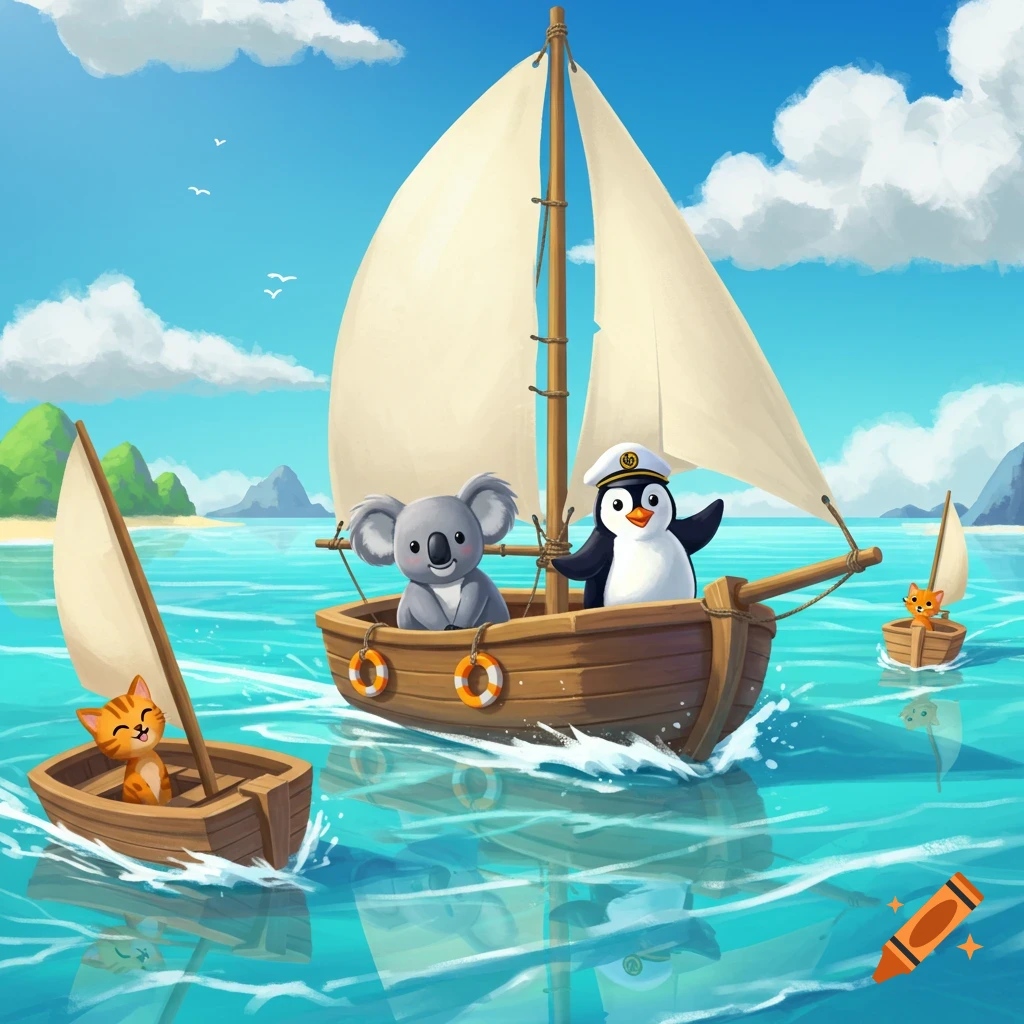 penguin, koala, and cat sailing