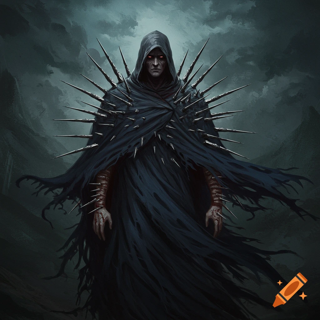 Dark fantasy illustration of a cloaked figure covered in spikes with red eyes.