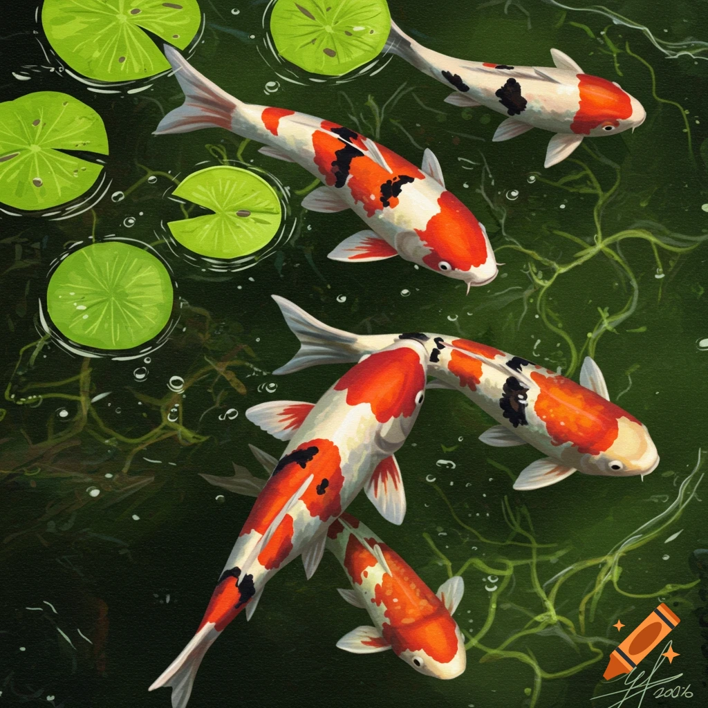 Koi fish swimming among lily pads in a pond, painted style