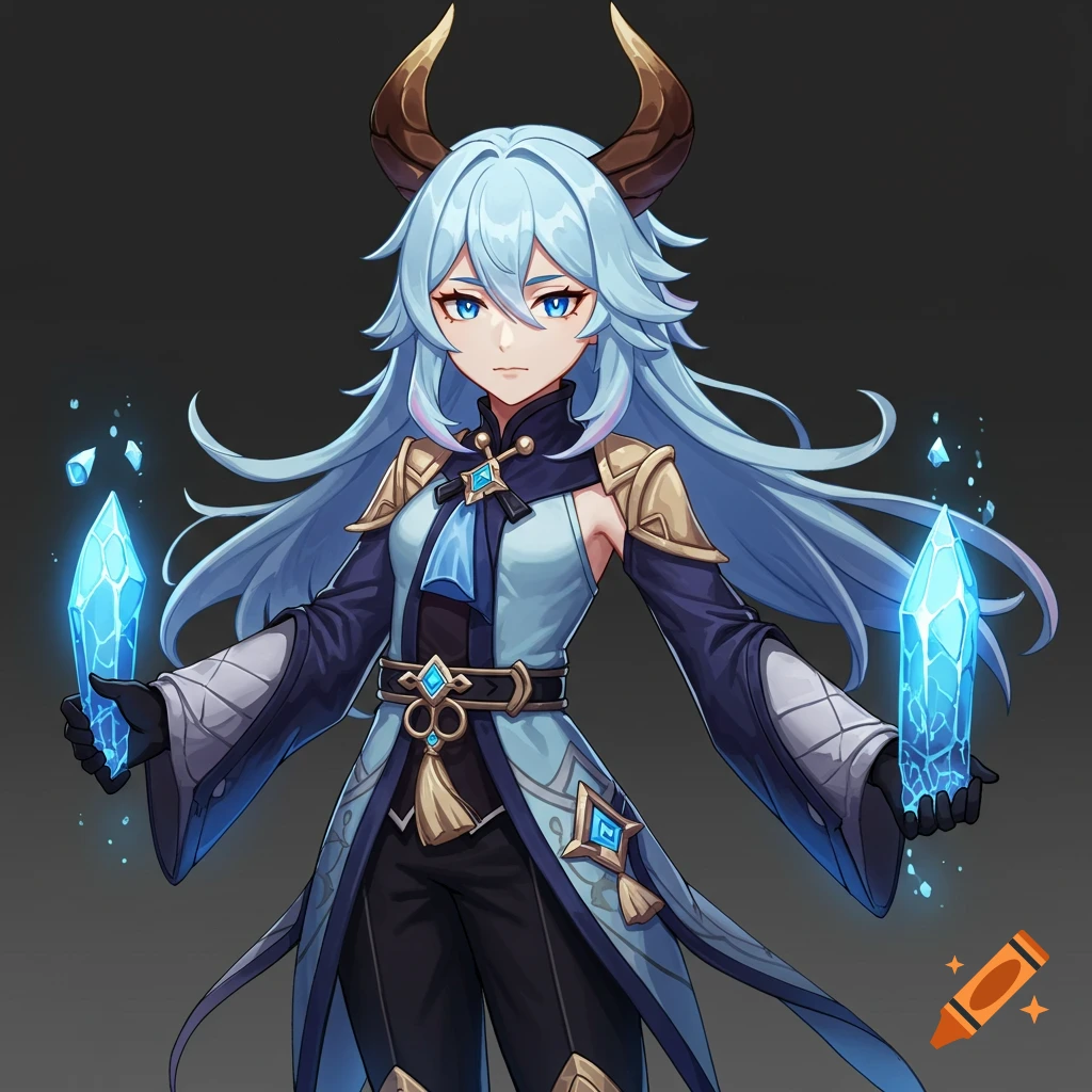 An anime character with long blue hair and horns holds glowing blue crystals.
