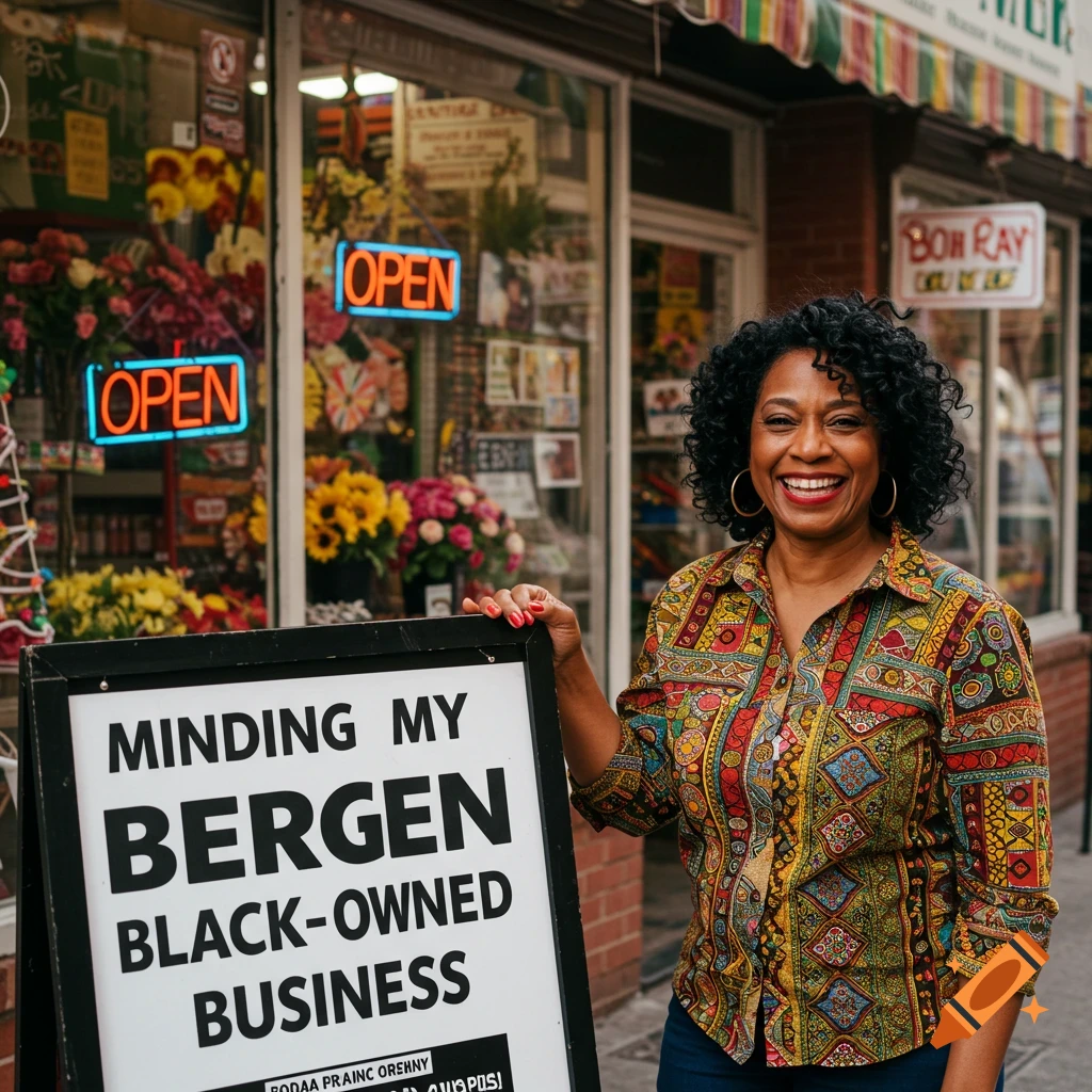 A Black woman smiles while standing next to a sign that reads "Minding My Bergen Black-Owned Business" in front of a store.