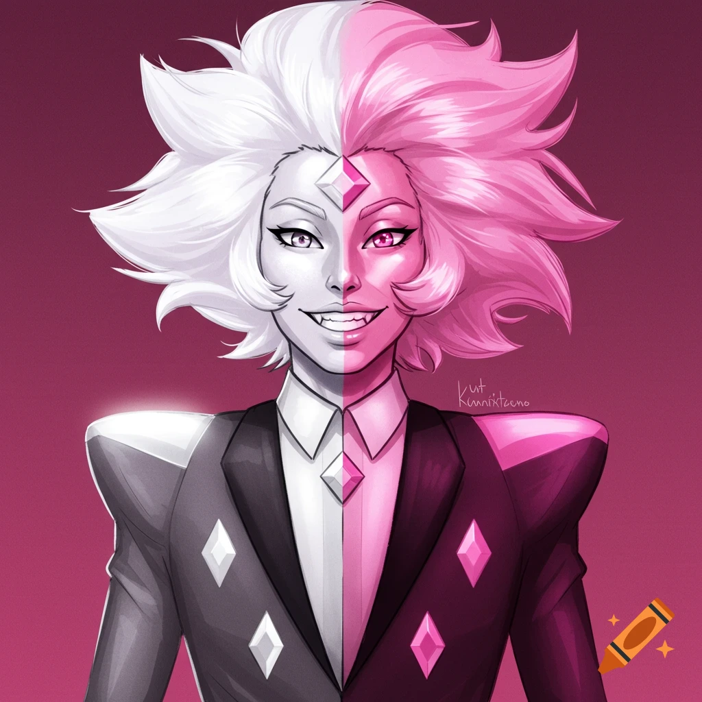 Stylized portrait of a character with half white, half pink hair and skin, wearing a split black and pink suit.