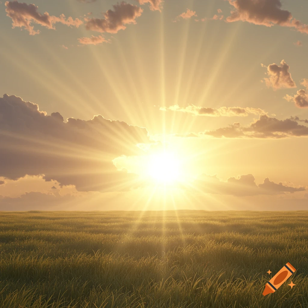 Studio Ghibli-style sunrise over a meadow with golden and pink hues