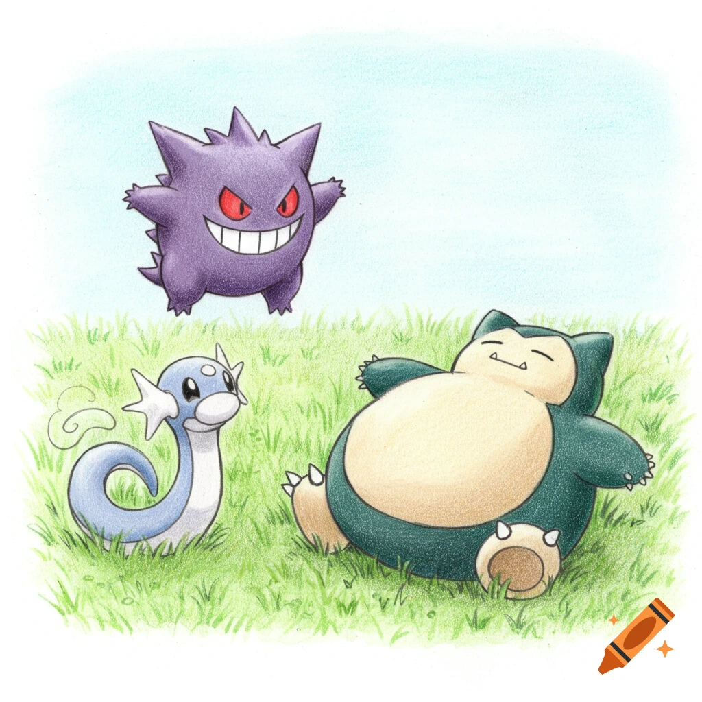 Gengar, Snorlax, and Dratini sit in grass, colored pencil drawing