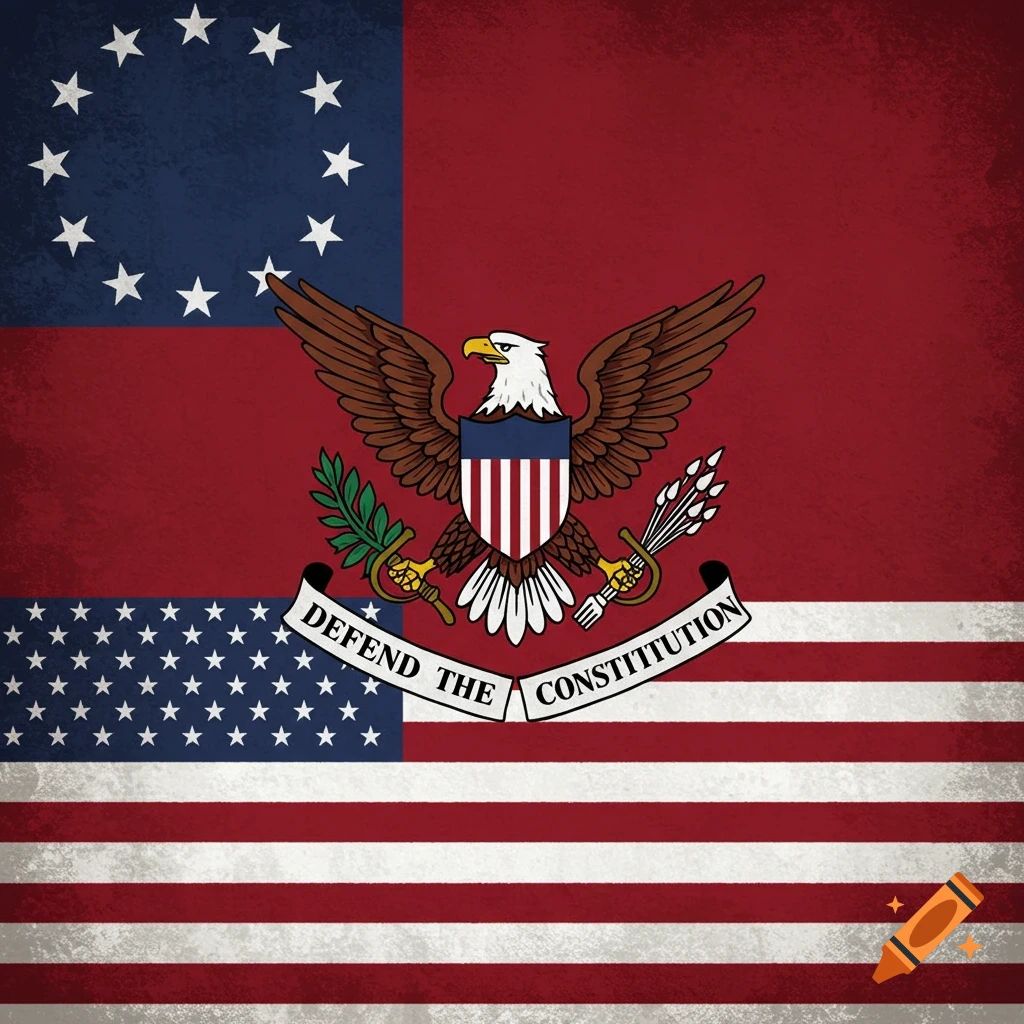 A flag with a red background, stars, stripes, and an eagle emblem with the motto 'Defend the Constitution'.