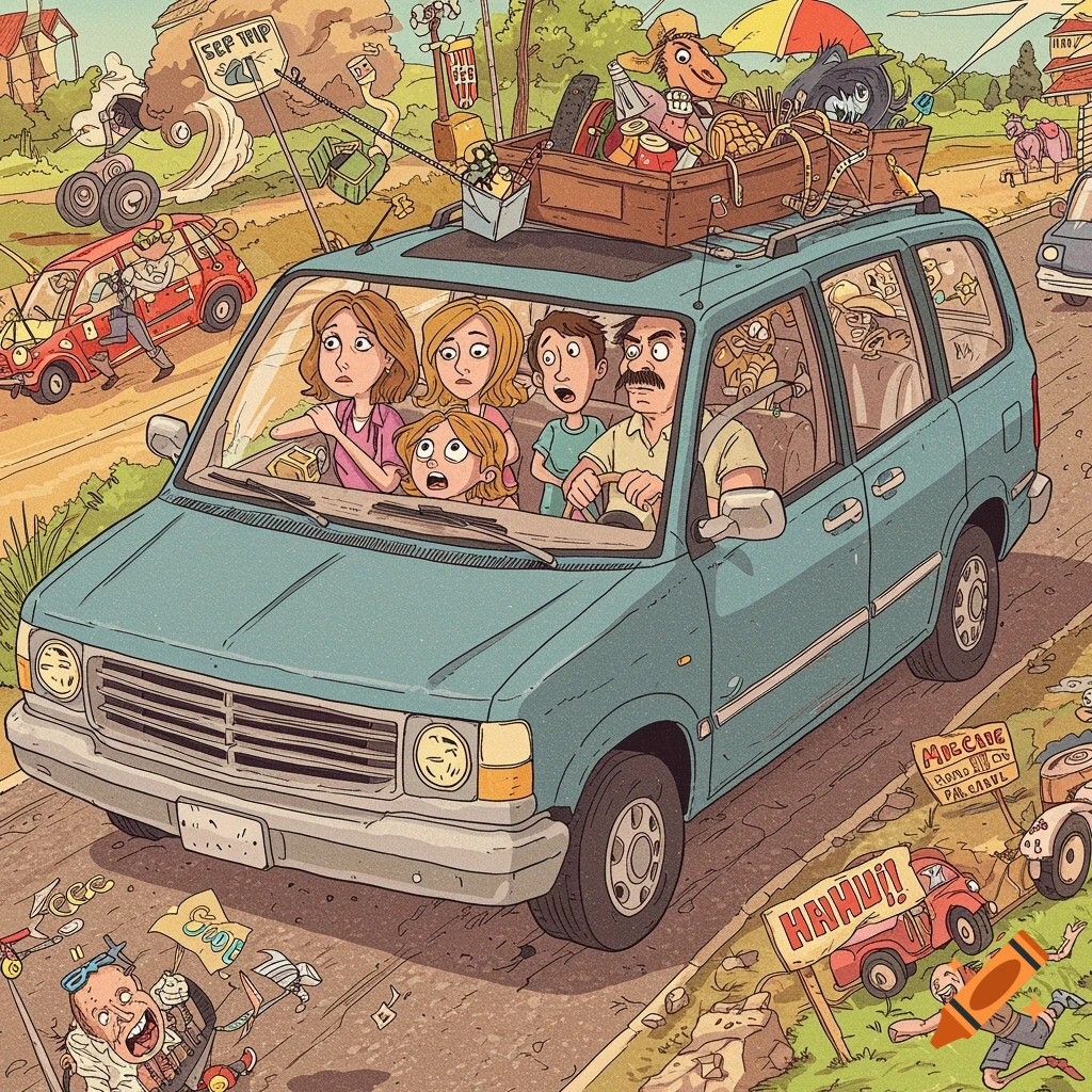 Cartoon of a family looking stressed in an overloaded van during a road trip, with chaotic elements on the road.